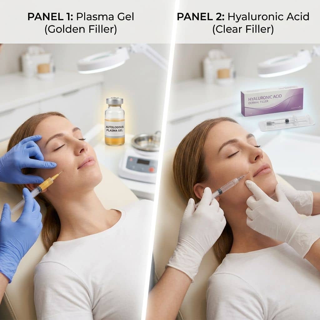 Hyaluronic acid serum bottle next to plasma gel filler syringe